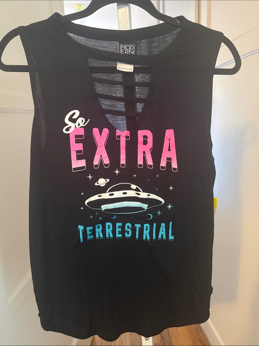 Modern Lux Black Tank Top with Pink and Aqua 'So Extra Terrestrial' Graphic